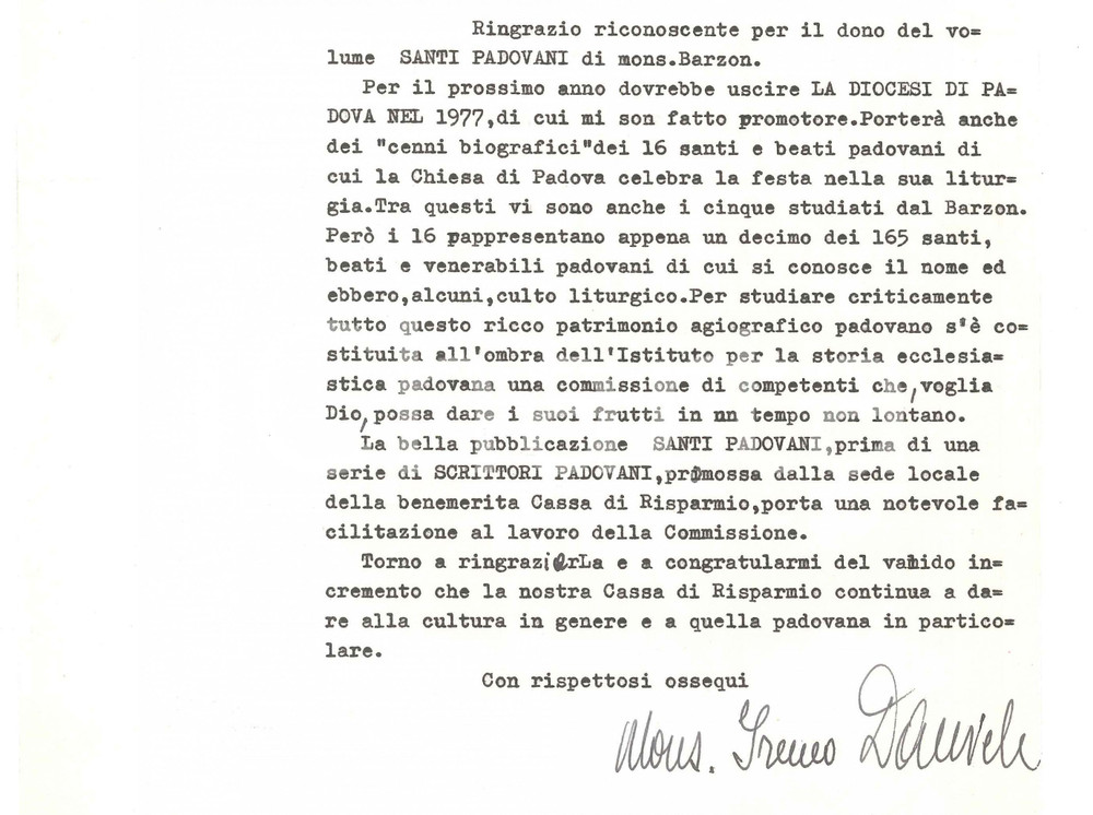 Autografo originale 1976 PADOVA Lettera mons. Ireneo DANIELE per studio santi padovani AUTOGRAFO 1