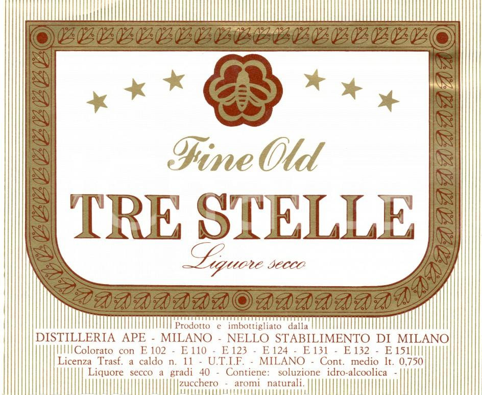 Materiale pubblicitario d’epoca 1970 ca MILANO APE Fine Old TRE STELLE Liquore secco ETICHETTA pubblicitaria 1