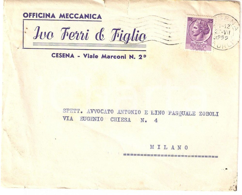 Materiale pubblicitario d’epoca 1955 CESENA Ivo FERRI e Figlio Officina meccanica Busta intestata VG 1