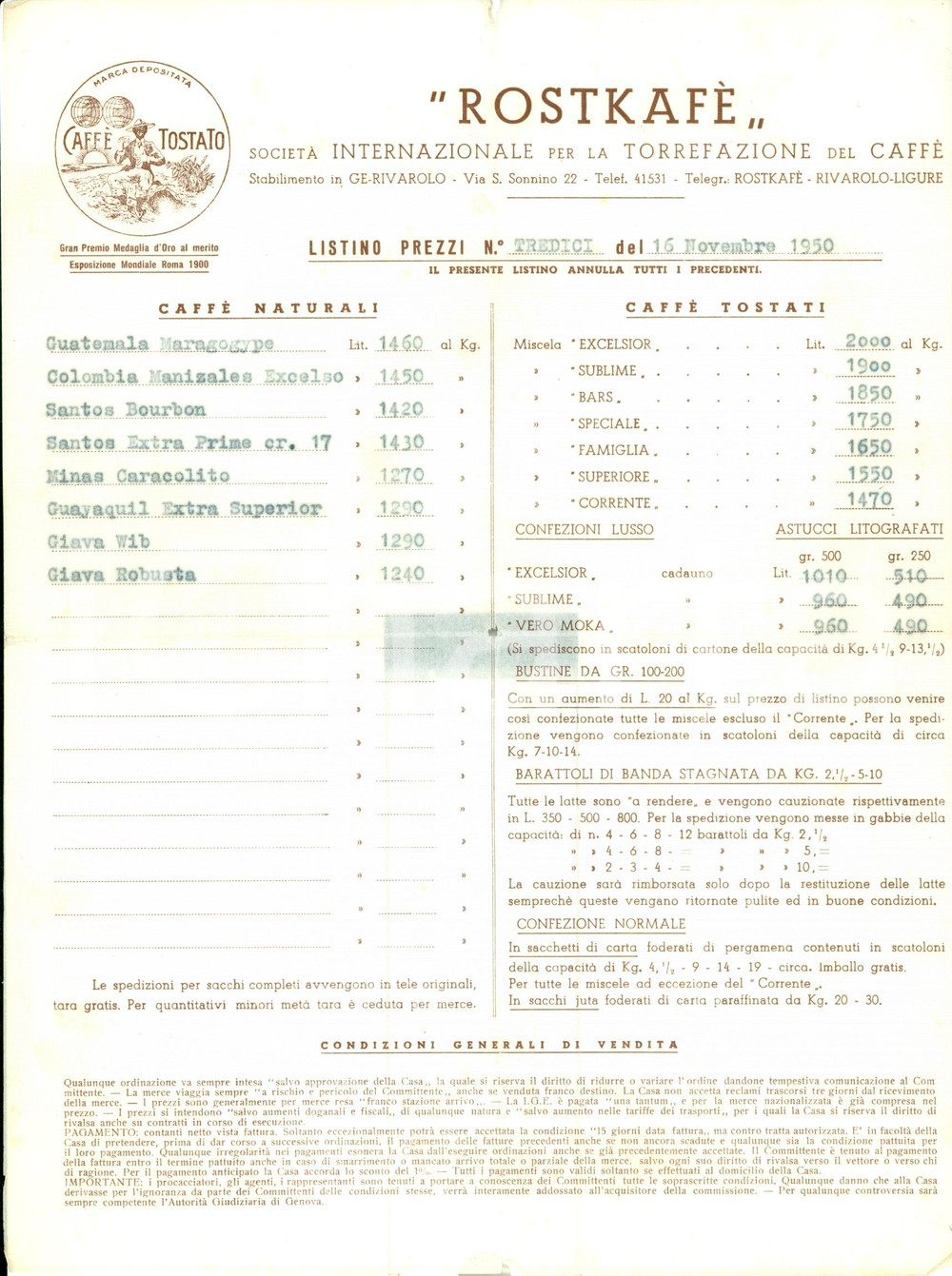 Materiale pubblicitario d’epoca 1950 GENOVA Rivarolo ROSTKAFE  Listino prezzi caffé  LISTINO N. 13 1