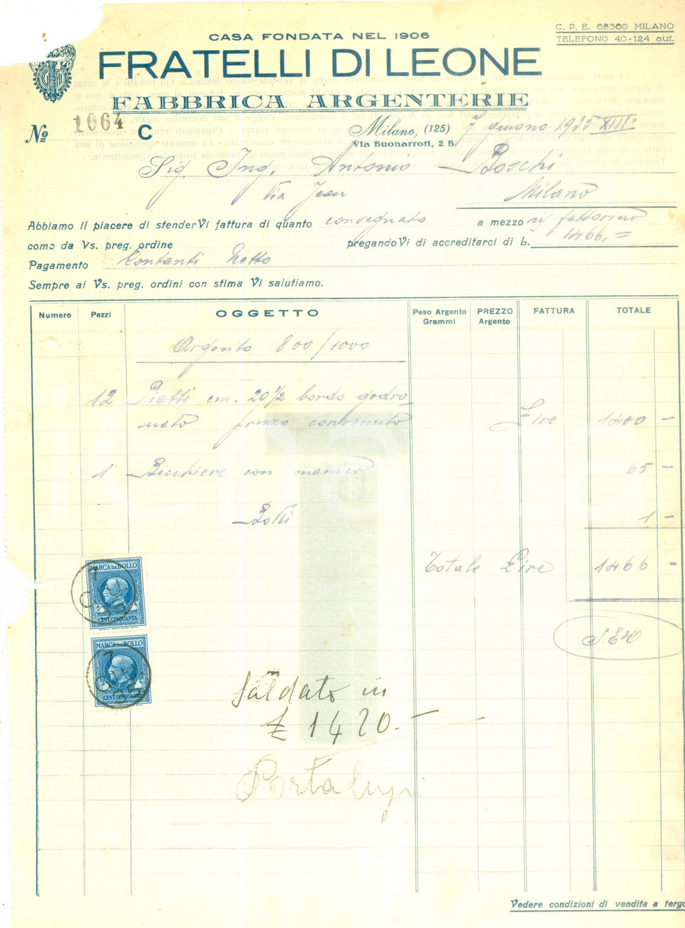 Documento originale, autentico 1935 MILANO Fabbrica argenterie Fratelli DI LEONE Fattura DANNEGGIATA 1