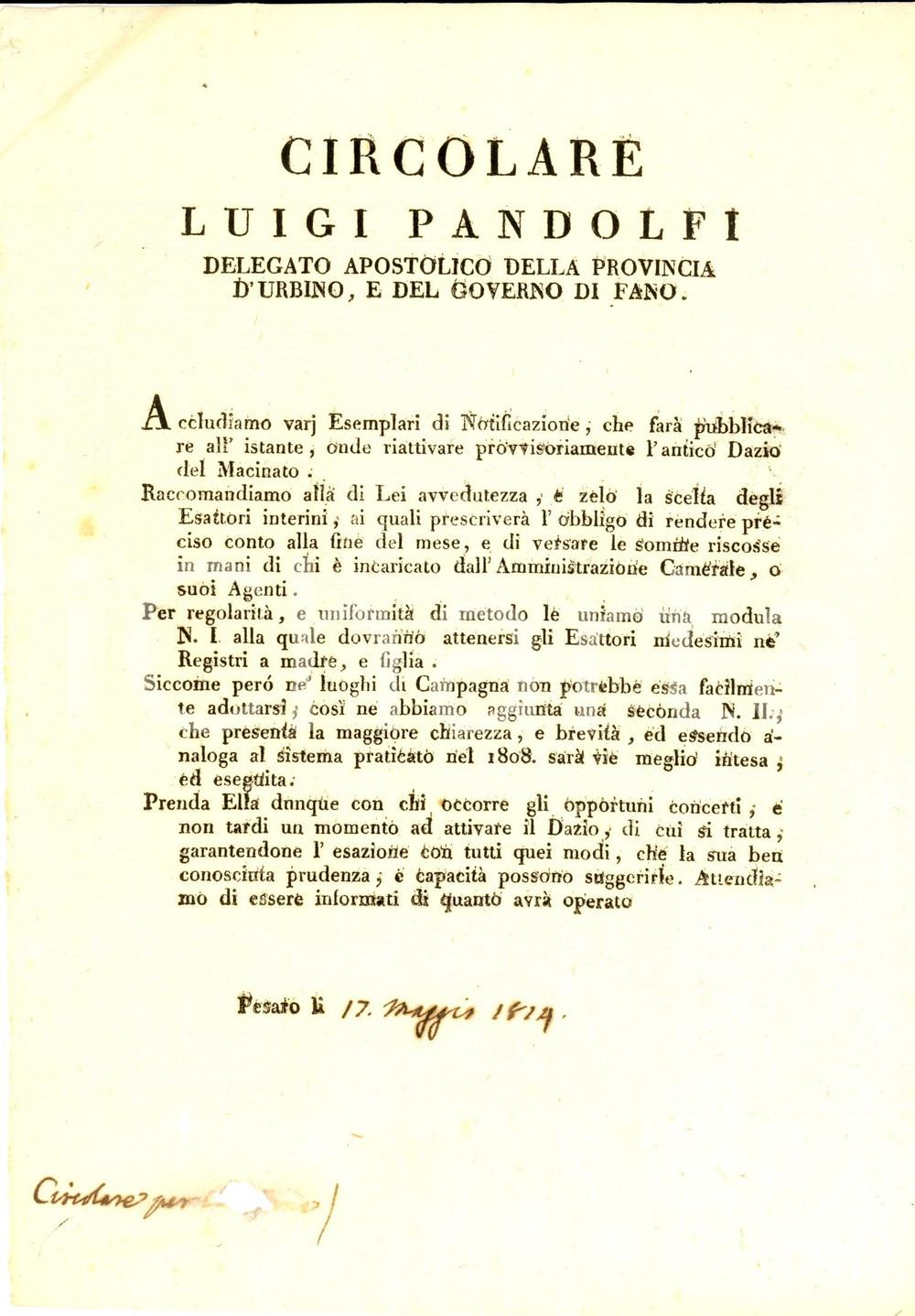Documento originale, autentico 1814 PESARO STATO PONTIFICIO Riattivazione Dazio sul Macinato *Manifesto 19x27 1