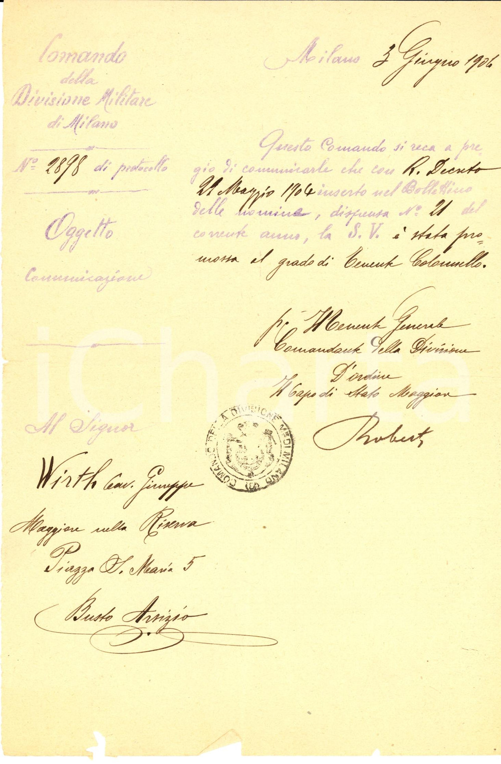 Documento originale, autentico 1904 MILANO Divisione Militare - Giuseppe WIRTH promosso a tenente colonnello 1