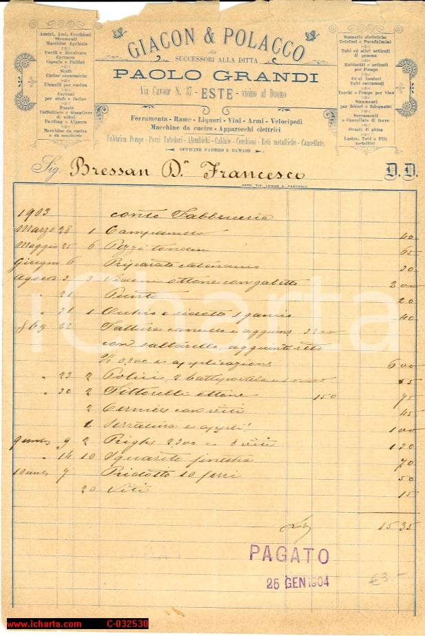 Documento originale, autentico 1904 ESTE (PD) Giacon & Polacco fattura 1