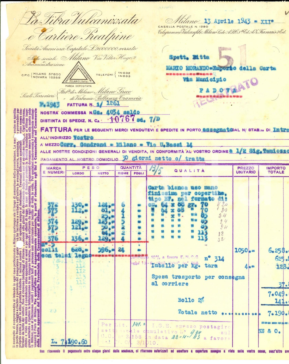 Documento originale, autentico 1943 MILANO Cartiere PREALPINE - Fibra vulcanizzata *Fattura per carta bianca 1
