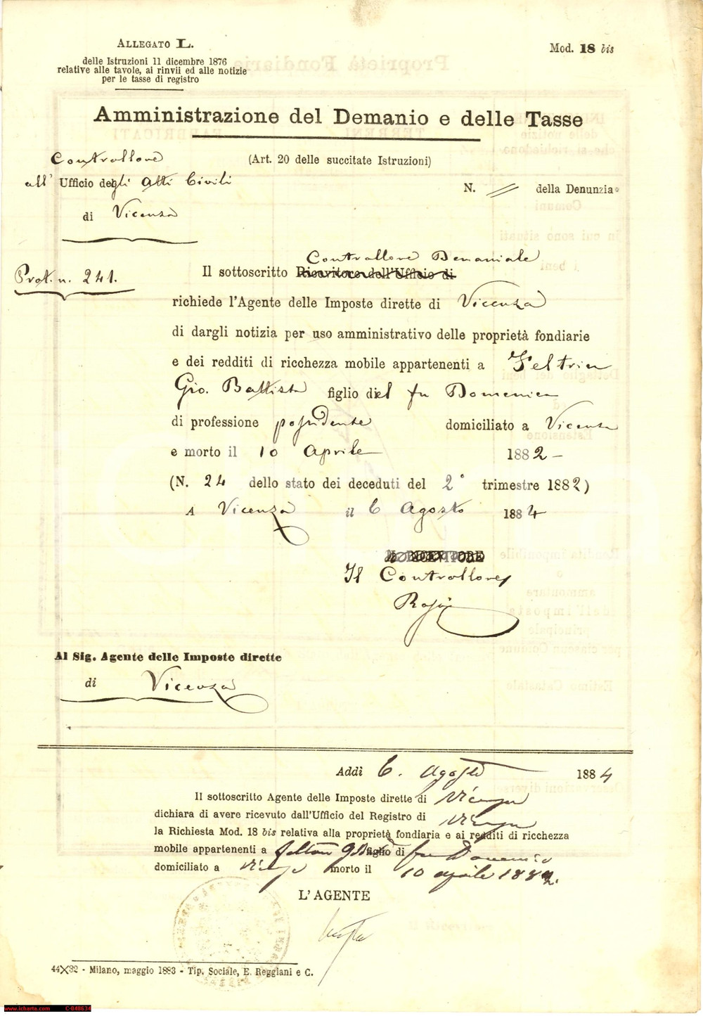 Documento originale, autentico 1884 VICENZA Beni del defunto Giovanni Battista FELTRIN 1