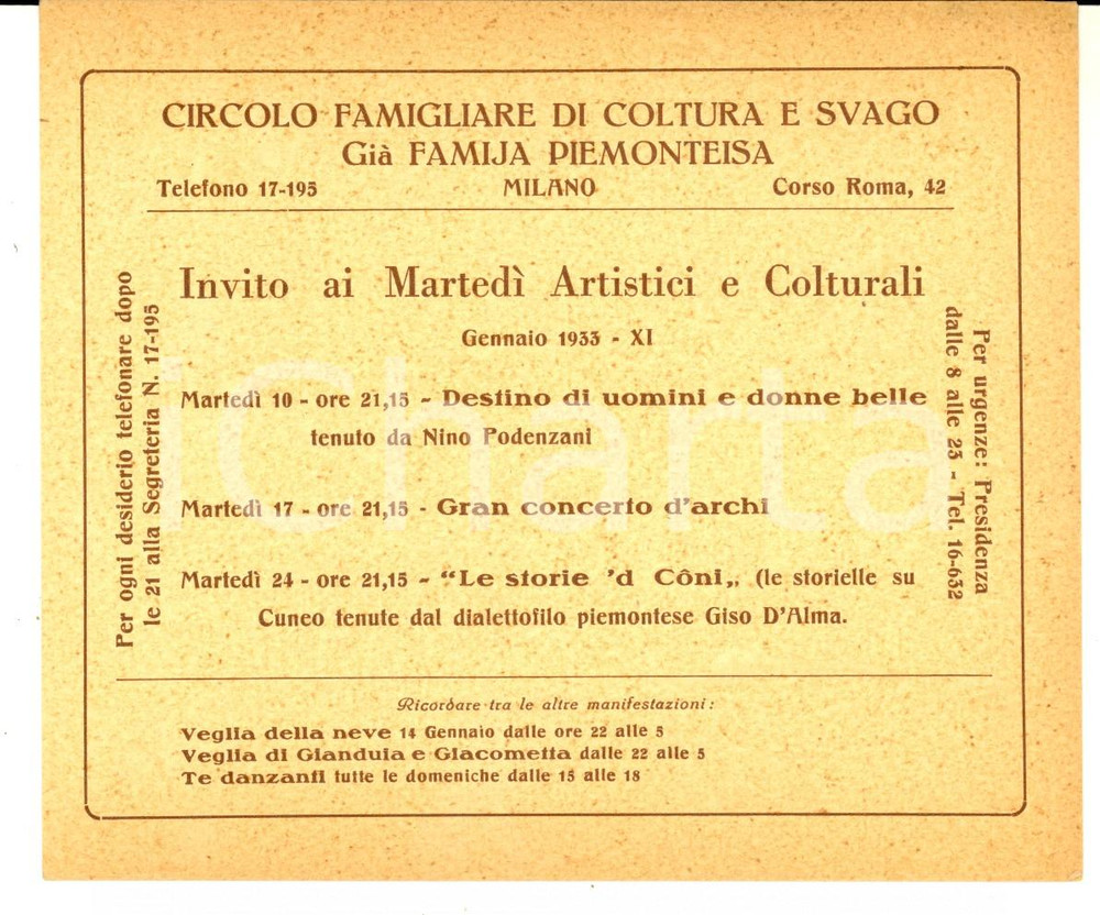 Documento originale, autentico 1933 MILANO FAMIJIA PIEMONTEISA Biglietto invito MartedÃ¬ Artistici e Colturali 1