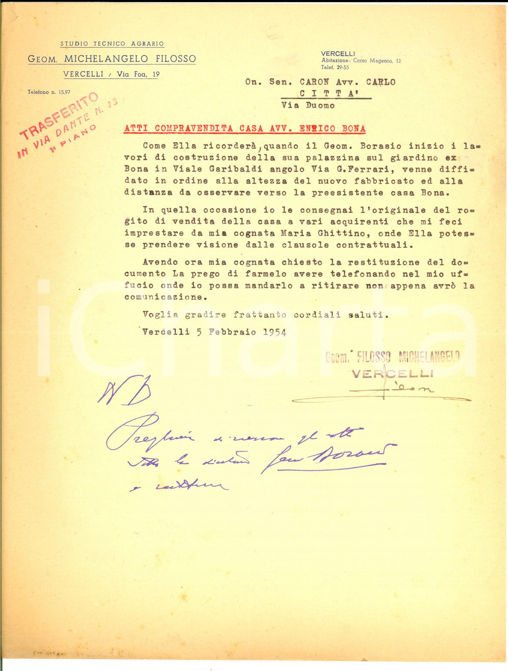 Manoscritto, lettera originale 1954 VERCELLI Lettera studio tecnico geom. Michelangelo FILOSSO per rogito 1