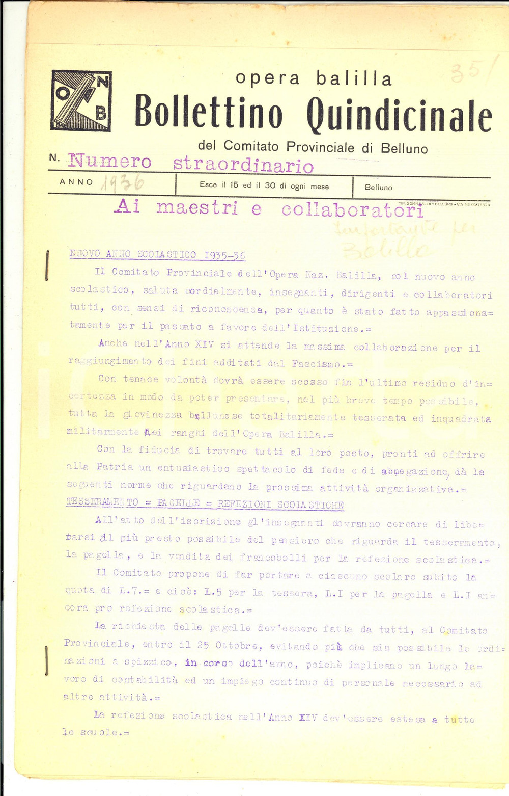 Documento originale, autentico 1936 BELLUNO Bollettino OPERA BALILLA Tesseramento  pagelle  refezioni 1
