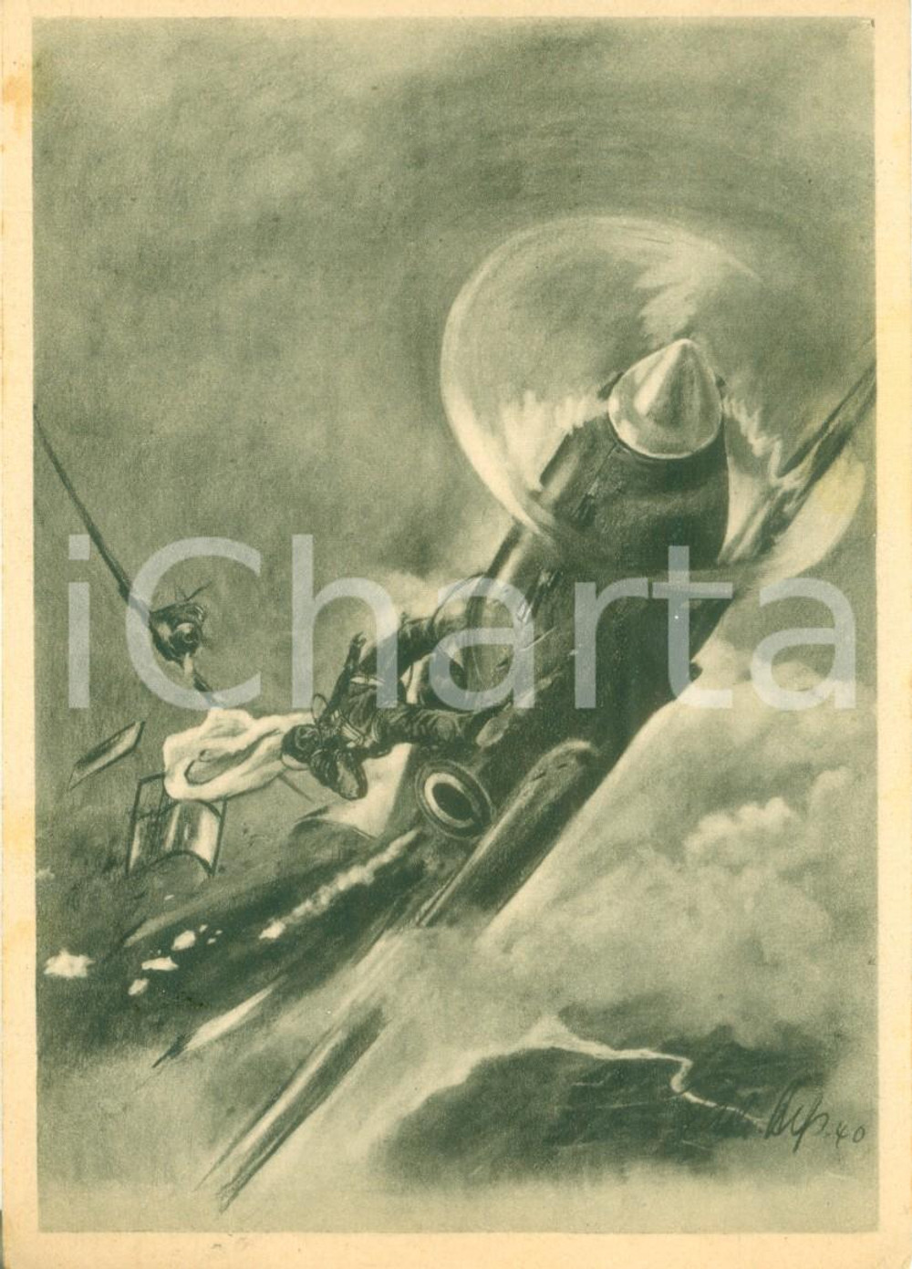Cartolina originale da collezione 1941 PROPAGANDA DI GUERRA WW2 Spitfire abbattuto da ME 109 tedesco *Cartolina 1