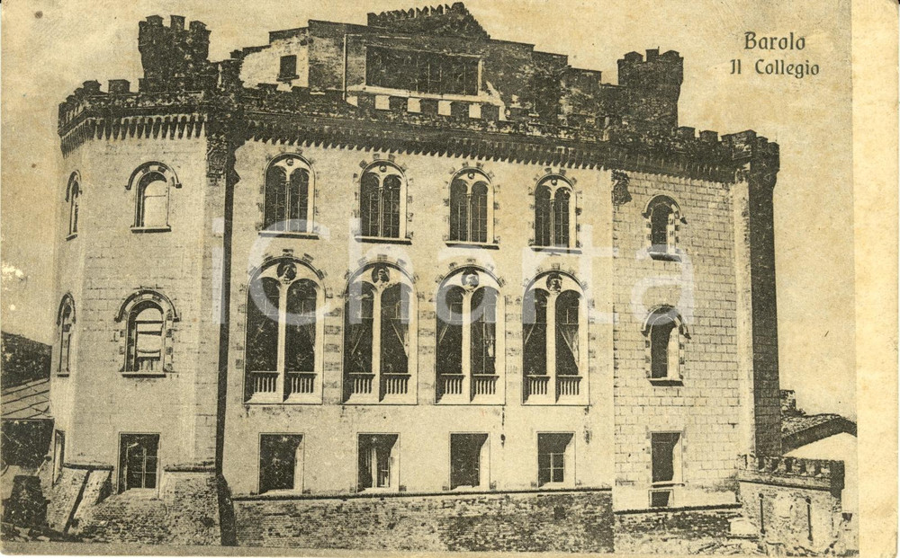 Cartolina originale da collezione 1917 ca BAROLO CN Facciata del COLLEGIO BAROLO Cartolina DANNEGGIATA FP NV 1
