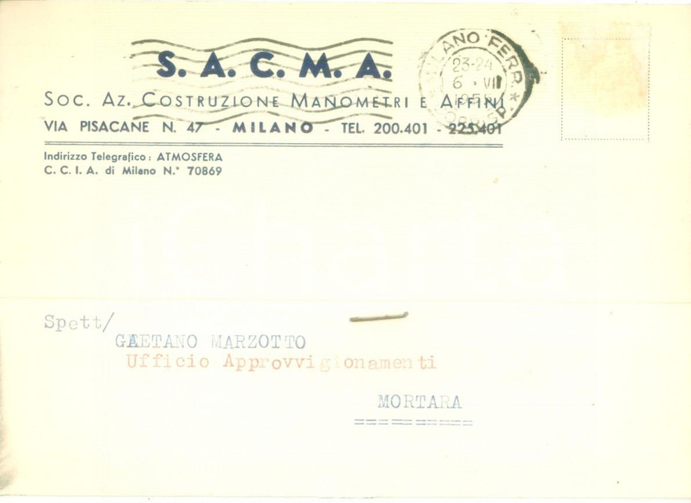 Cartolina originale da collezione 1955 MILANO Costruzione Manometri Affini S.A.C.M.A. *Cartolina commerciale FG VG 1