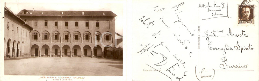 Cartolina originale da collezione 1950 ca SALUZZO (CN) Seminario S. AGOSTINO Autografo don Giovanni FINO FP VG 1