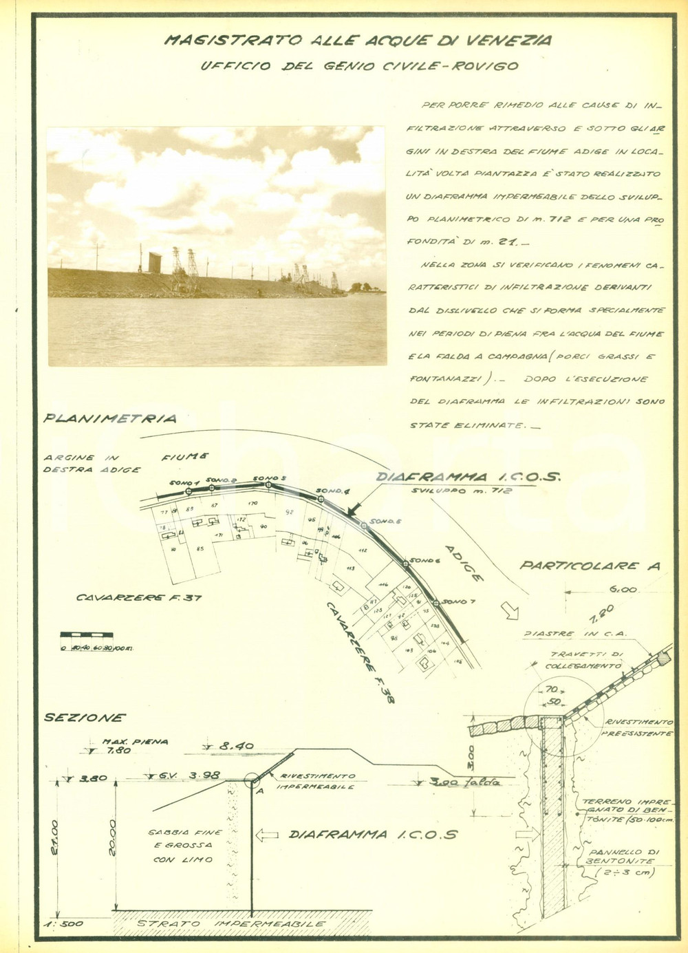 Documento originale, autentico 1950 ca CAVARZERE VE Argini sull ADIGE a PIANTAZZA Azienda ICOS Scheda e foto 1