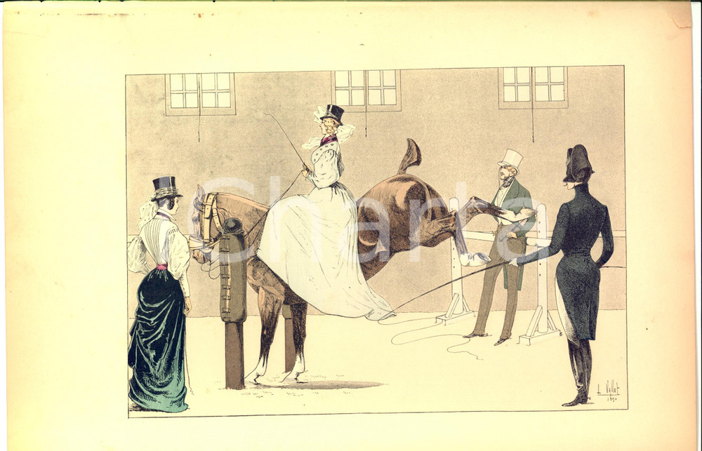 Stampa, bozzetto originale 1890 L. VALLET Le chic Ã  cheval  Au manÃ¨ge PELLIER Lithographie 25x33 cm 1