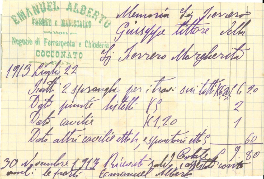 Documento originale, autentico 1913 COCCONATO AT Alberto EMANUEL fabbro maniscalco Ricevuta spranghe 1