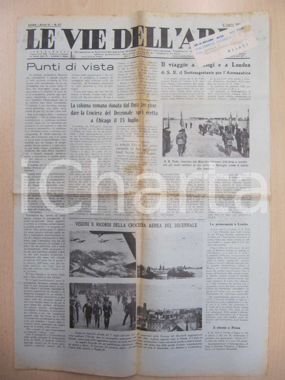 Giornale, rivista storica 1934 VIE DELL ARIA Colonna romana donata a CHICAGO da DUCE anniversario CROCIERA 1