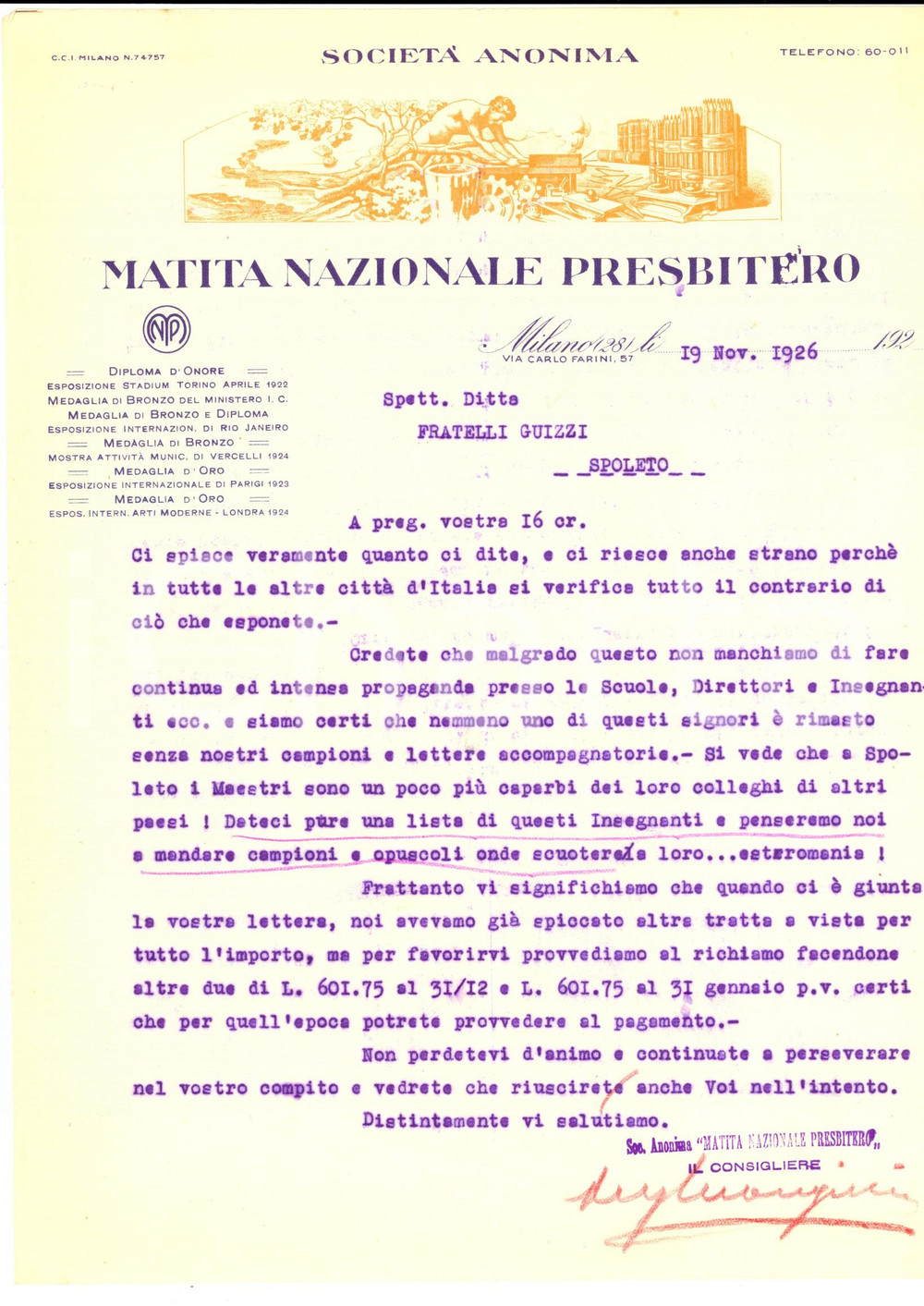 Documento originale, autentico 1926 MILANO SocietÃ  MATITE NAZIONALI PRESBITERO contro i maestri esteromani 1