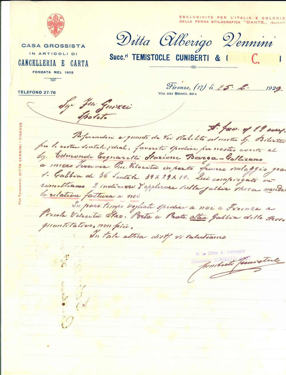 Manoscritto, lettera originale 1929 FIRENZE Alberigo VENNINI succ. Temistocle CUNIBERTI Lettera commerciale 1