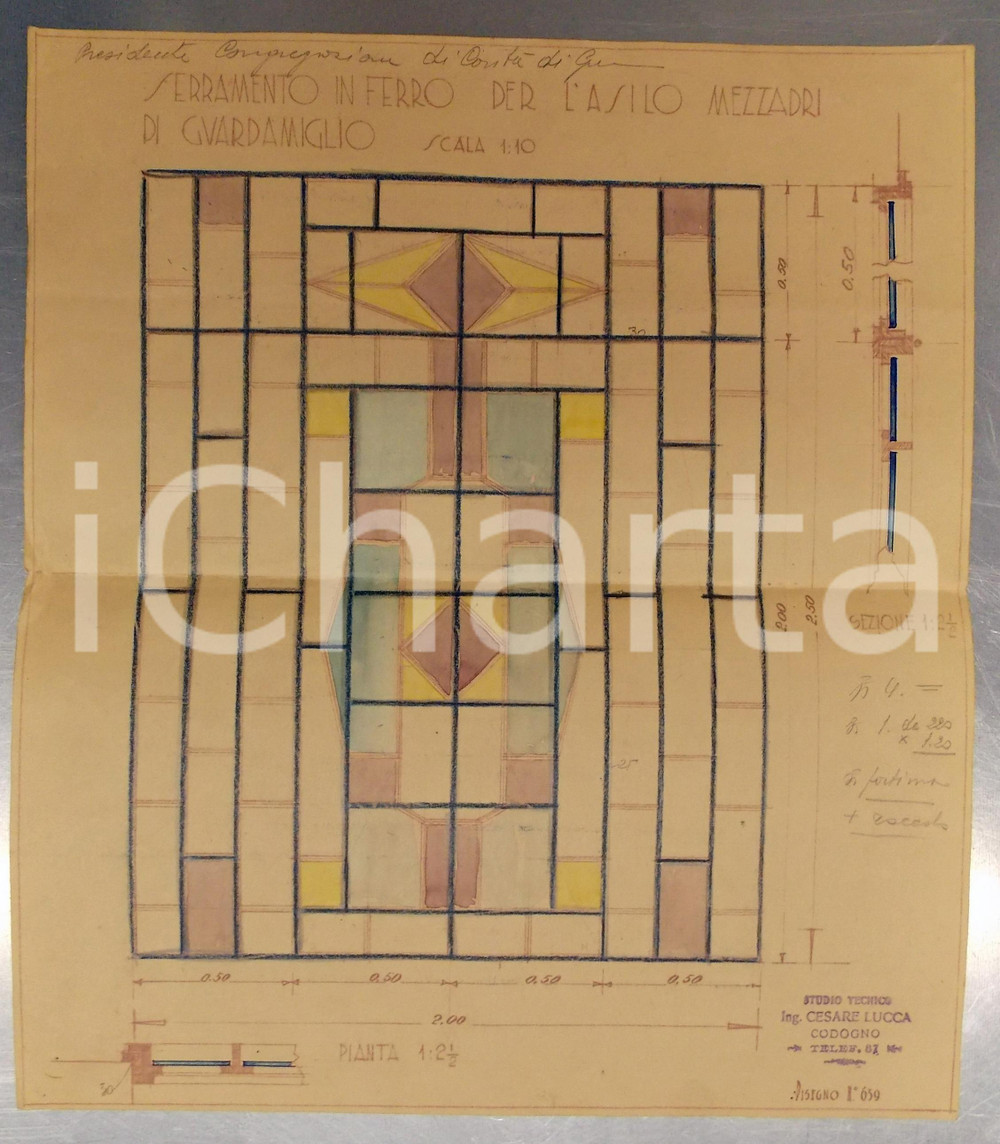 Stampa, bozzetto originale 1940 ca GUARDAMIGLIO Cesare LUCCA Progetto asilo mezzadri - Serramento in ferro 1
