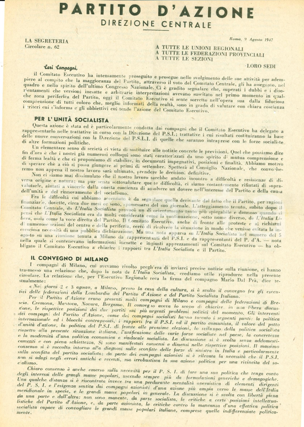 Documento originale, autentico 1947 ROMA Sforzi del PARTITO D AZIONE per unitÃ  socialista Documento 1