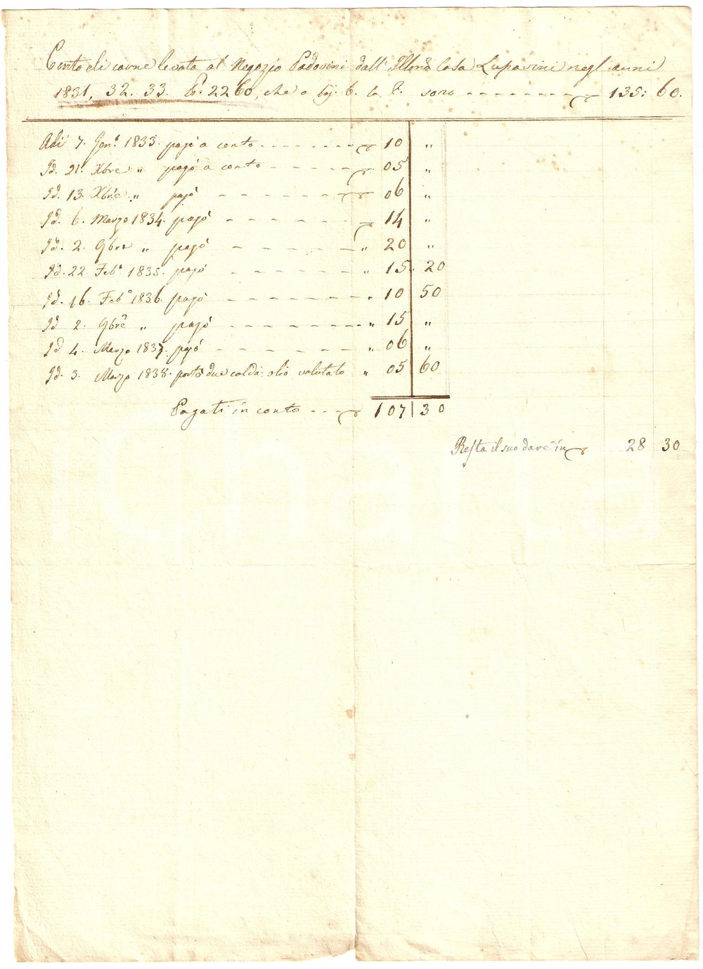 Documento originale, autentico 1838 SPOLETO Conto carne servita dalla macelleria PADOVINI a una nobile famiglia 1