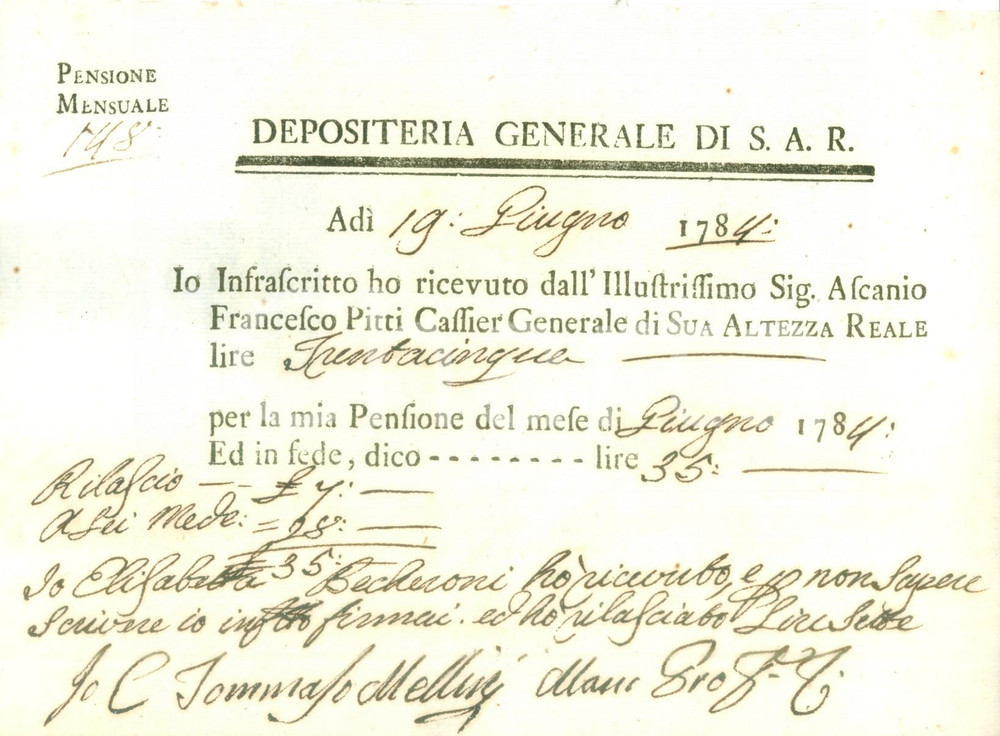 Documento originale, autentico 1784 DEPOSITERIA GRANDUCATO TOSCANA Elisabetta BECHERONI pensione di giugno 1