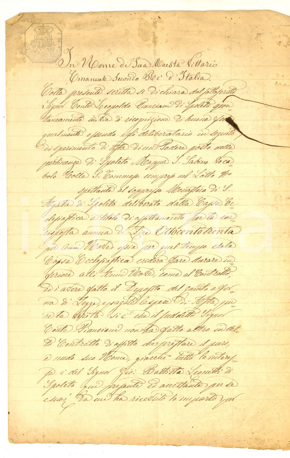 Documento originale, autentico 1863 SPOLETO PG Conte Leopoldo PIANCIANI prestanome per affitto di un podere 1