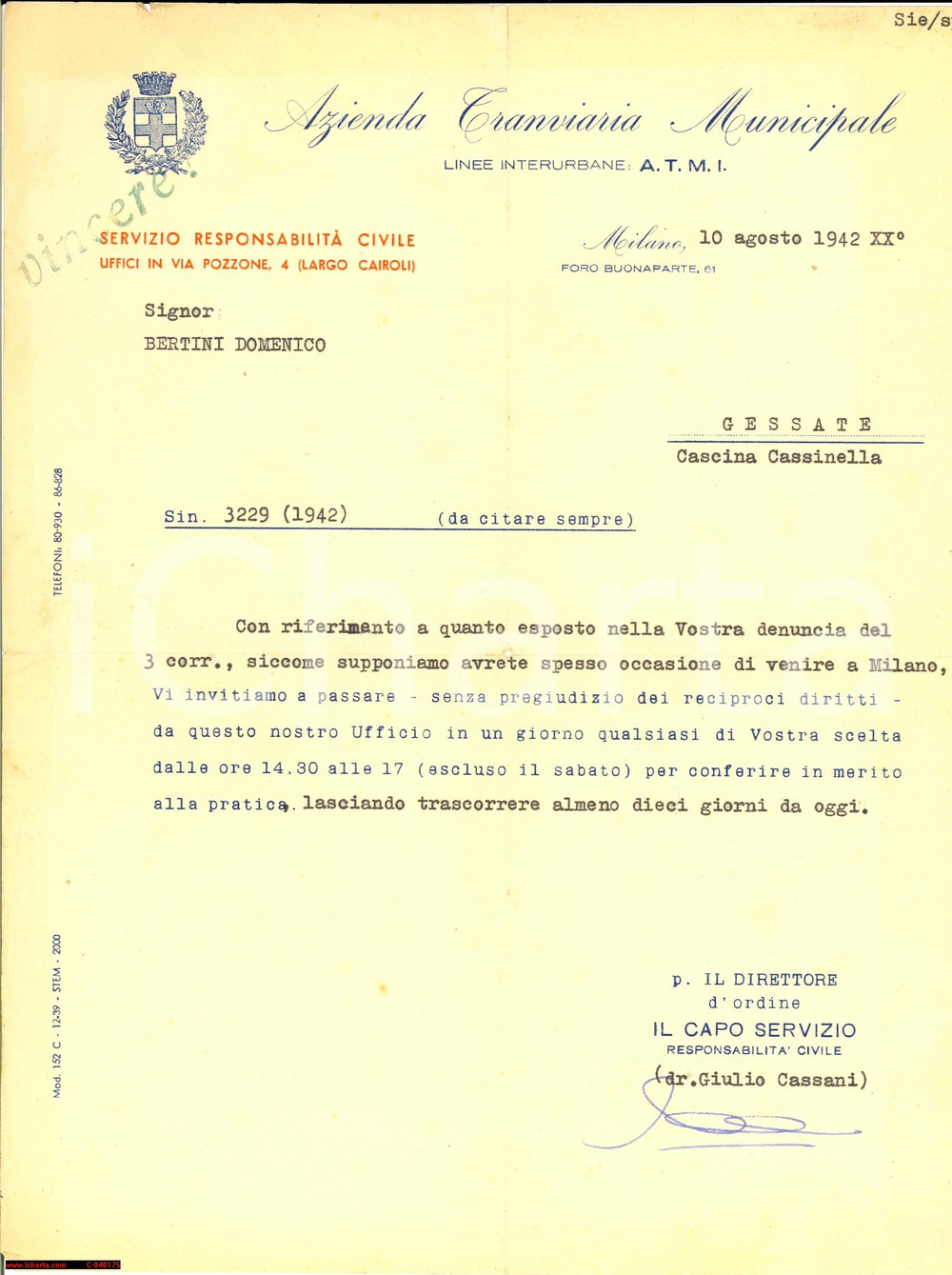 Documento originale, autentico 1942 ATMI MILANO Denuncia Domenico BERTINI lettera 1