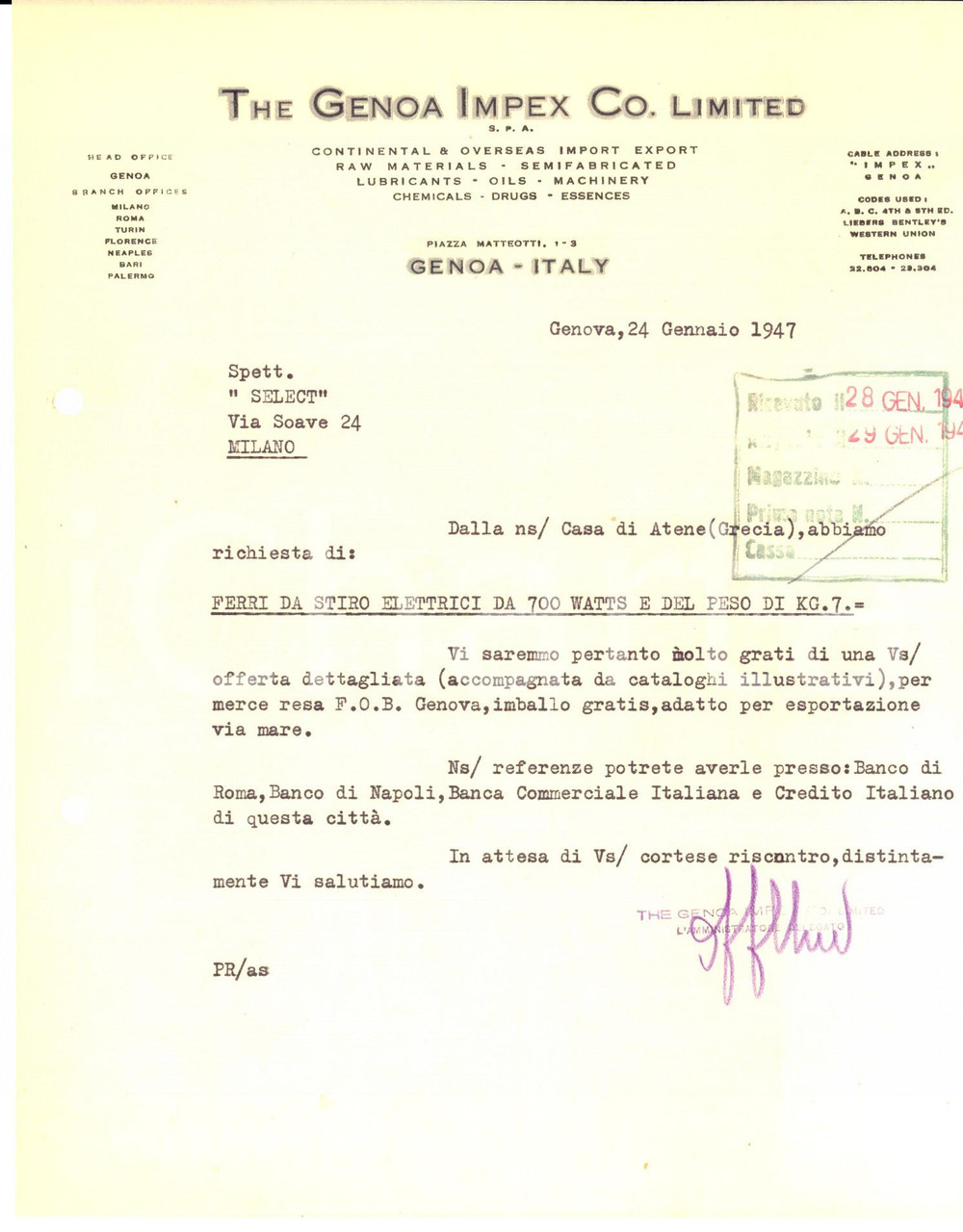 Manoscritto, lettera originale 1947 GENOVA THE GENOA IMPEX CO. Lettera per ferri da stiro elettrici ad Atene 1