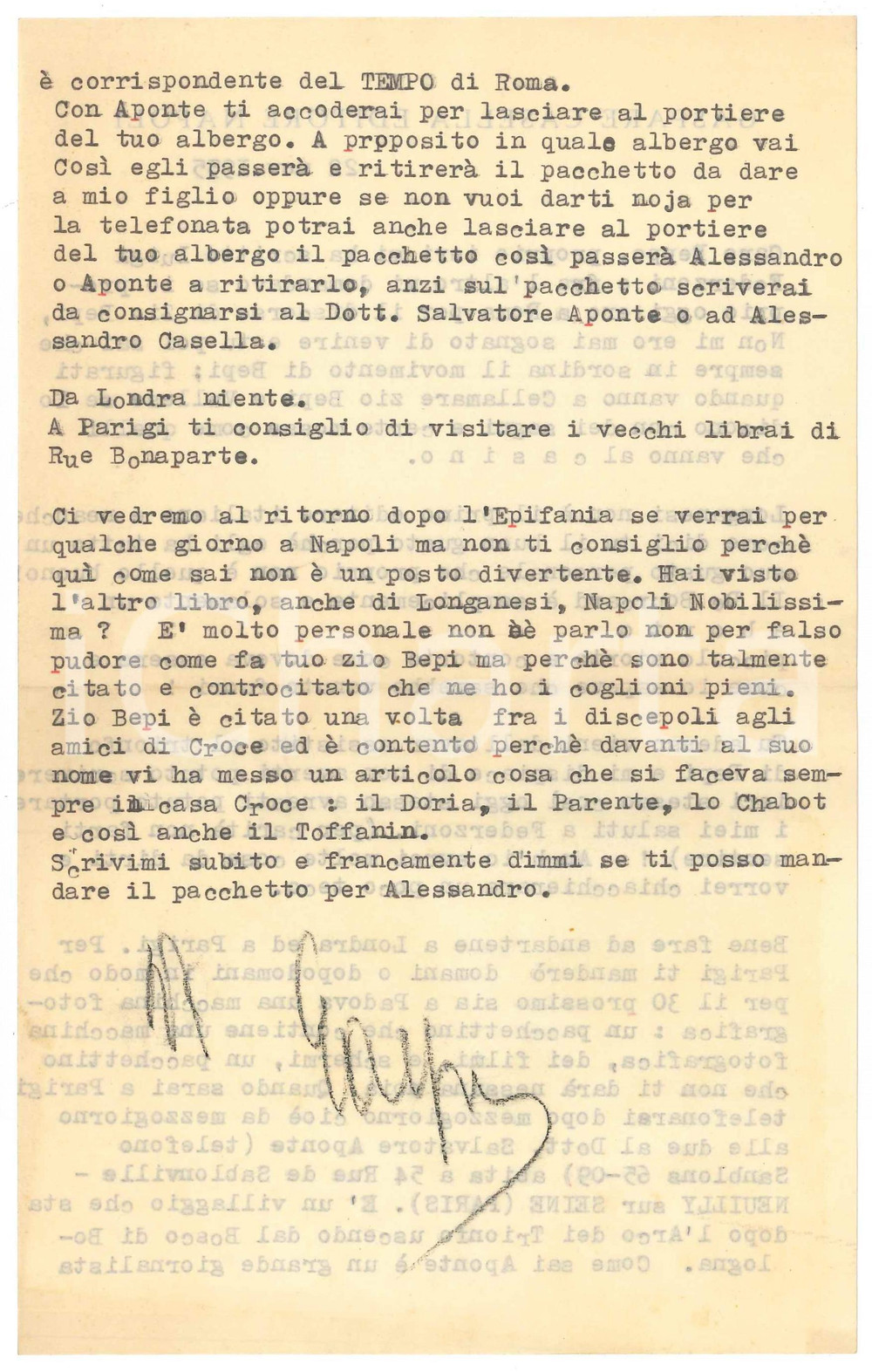 1958 NAPOLI Lettera Gaspare CASELLA - Saluti a Luigi Federzoni *Autografo