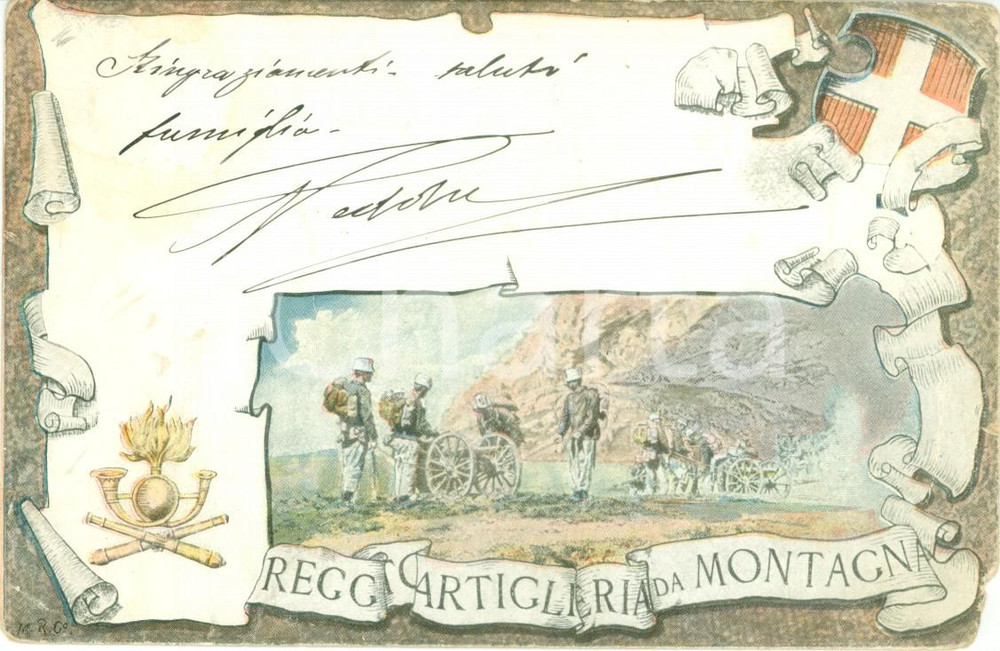 Cartolina originale da collezione 1905 ca REGGIMENTO ARTIGLIERIA DA MONTAGNA Cartolina postale ILLUSTRATA FP VG 1