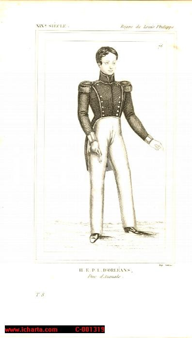 Stampa, bozzetto originale 1852 REGNE LOUIS PHILIPPE Costumes français Henri d ORLEANS Duc d AUMALE Stampa 1