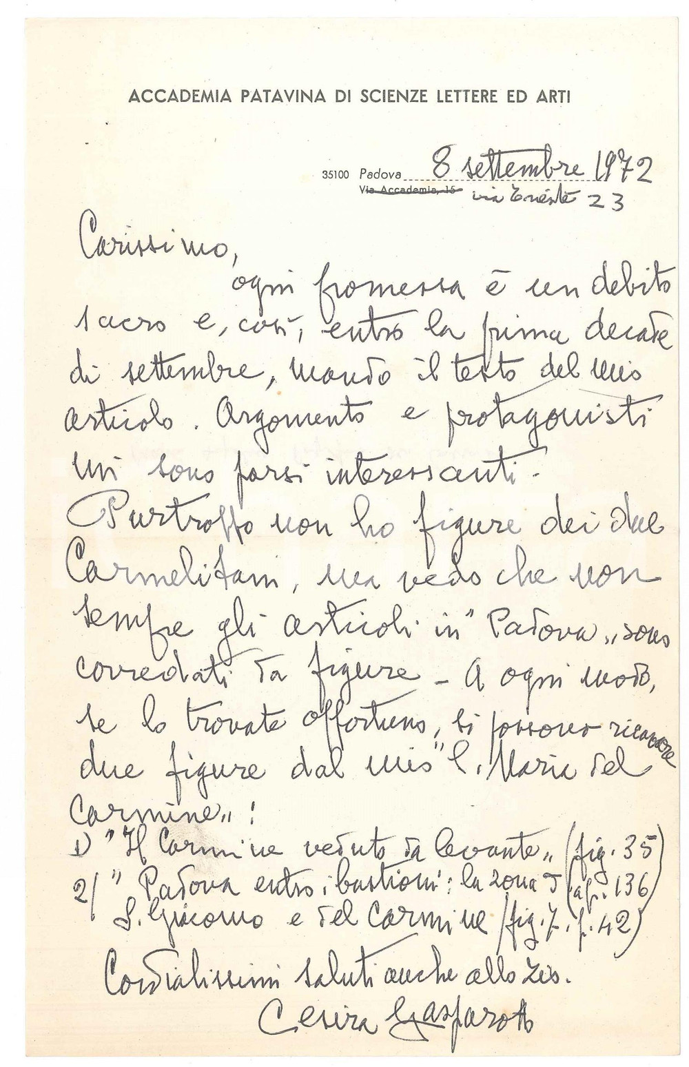 Autografo originale 1972 PADOVA Cesira GASPAROTTO su articolo per Padova  AUTOGRAFO 1