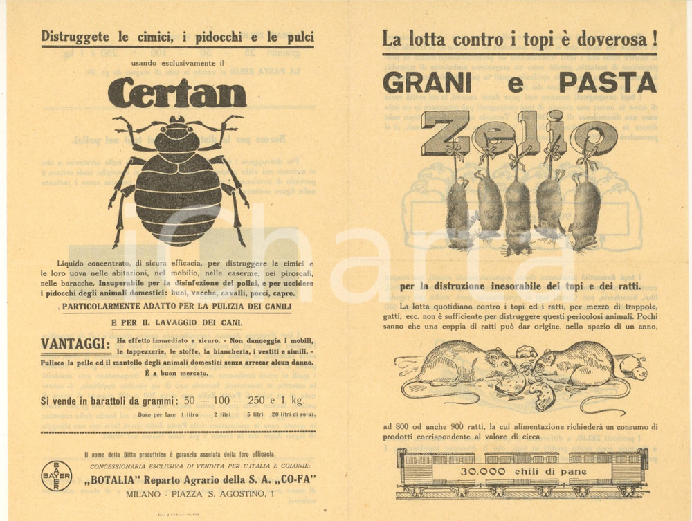 Materiale pubblicitario d’epoca 1940 ca MILANO  BAYERN Topicida ZELIO e insetticida CERTAN  Pieghevole pubblic. 1