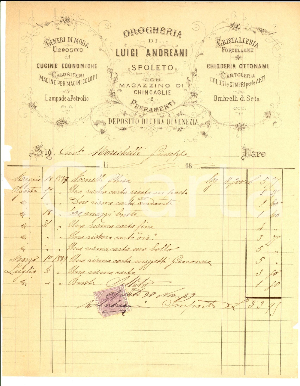 Documento originale, autentico 1889 SPOLETO PG Drogheria Luigi ANDREANI Fattura intestata per carta 1