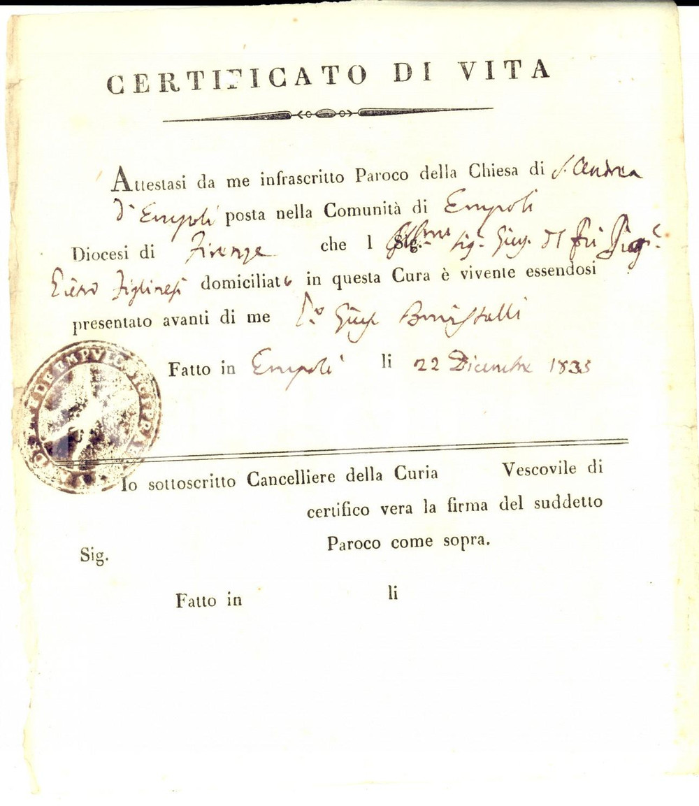 Documento originale, autentico 1833 EMPOLI FI Chiesa SANT ANDREA  Certificato vita di Giuseppe FIGLINESI 1