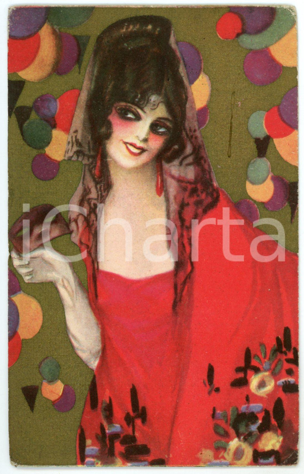 1920 ca ART DECO Donna a Carnevale - Cartolina illustrata CHIOSTRI  Cartolina postale d'epoca, viaggiata, opera dell'illustratrice Sofia Chiostri.CONDIZIONI: G (ma smussature angolari)FORMATO: FPEDITORE: Casa Editrice Ballerini &amp; Frattini - Firenze    originale e autentica 1