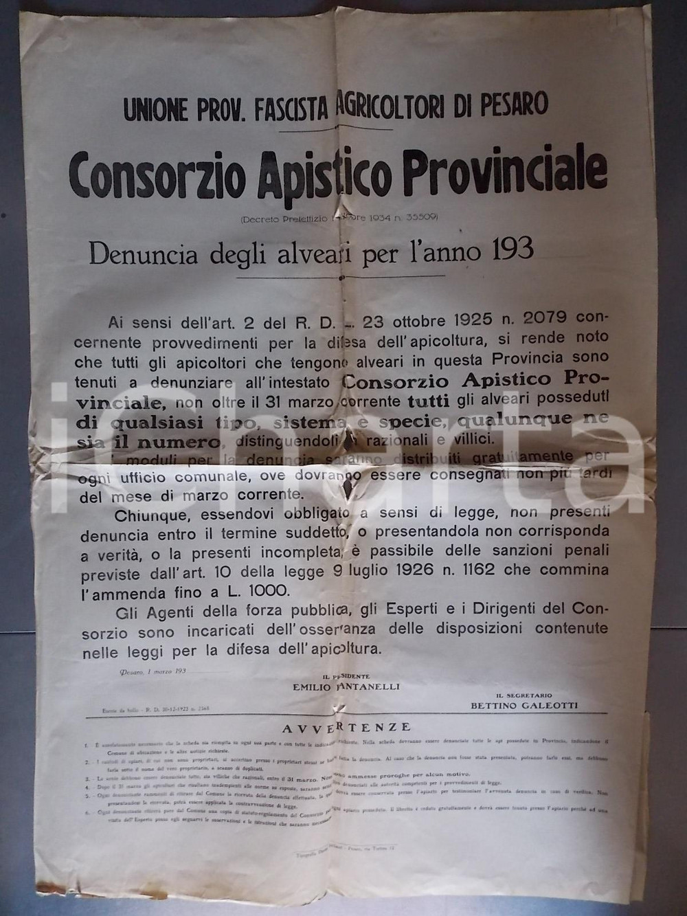 Oggetto da collezione cartaceo 1930 ca PESARO Alveari CONSORZIO APISTICO PROVINCIALE Manifesto DANNEGGIATO 1