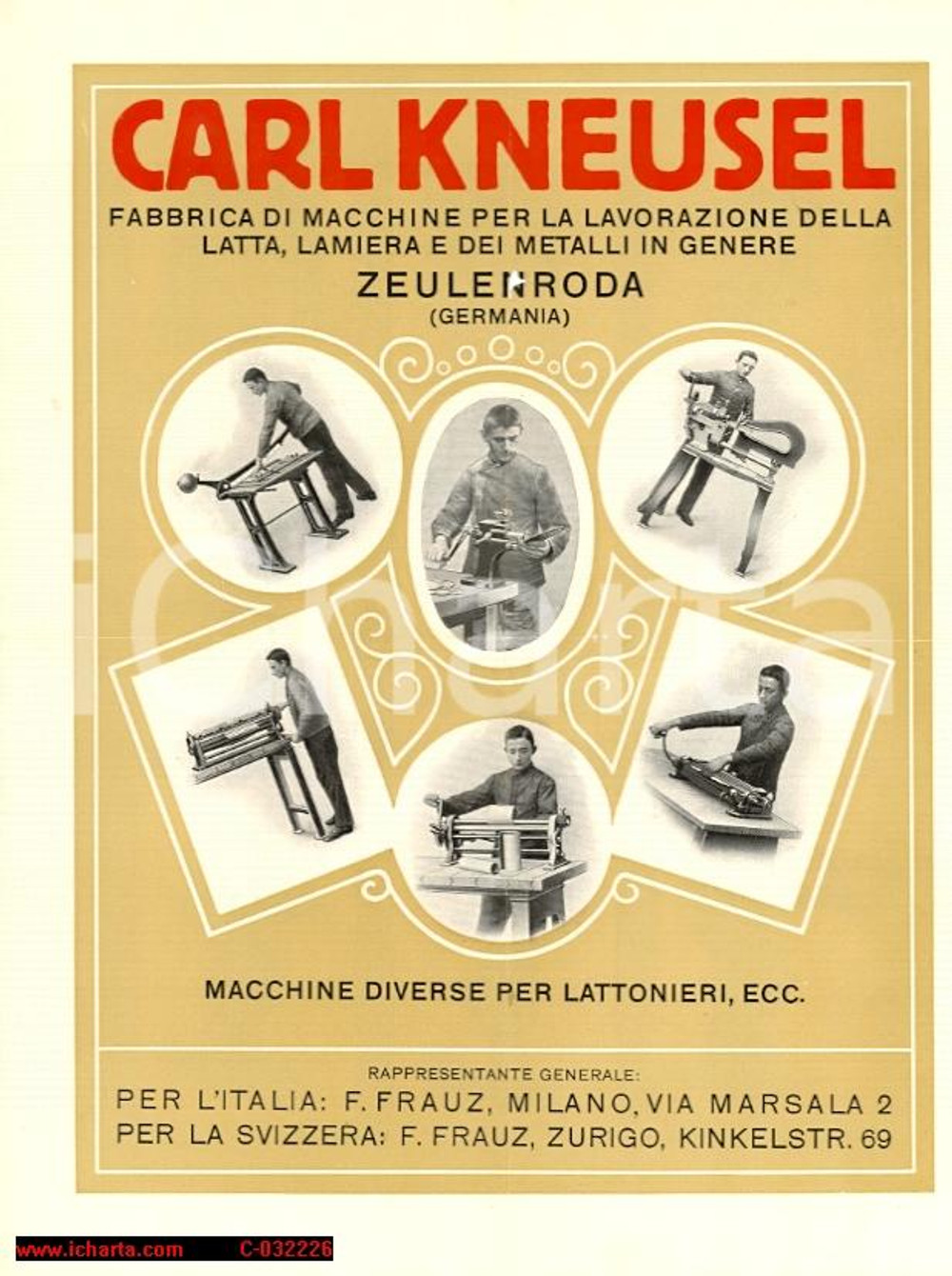 Materiale pubblicitario d’epoca 1926 - CARL KNEUSEL. Lavorazione latta, con foto 1