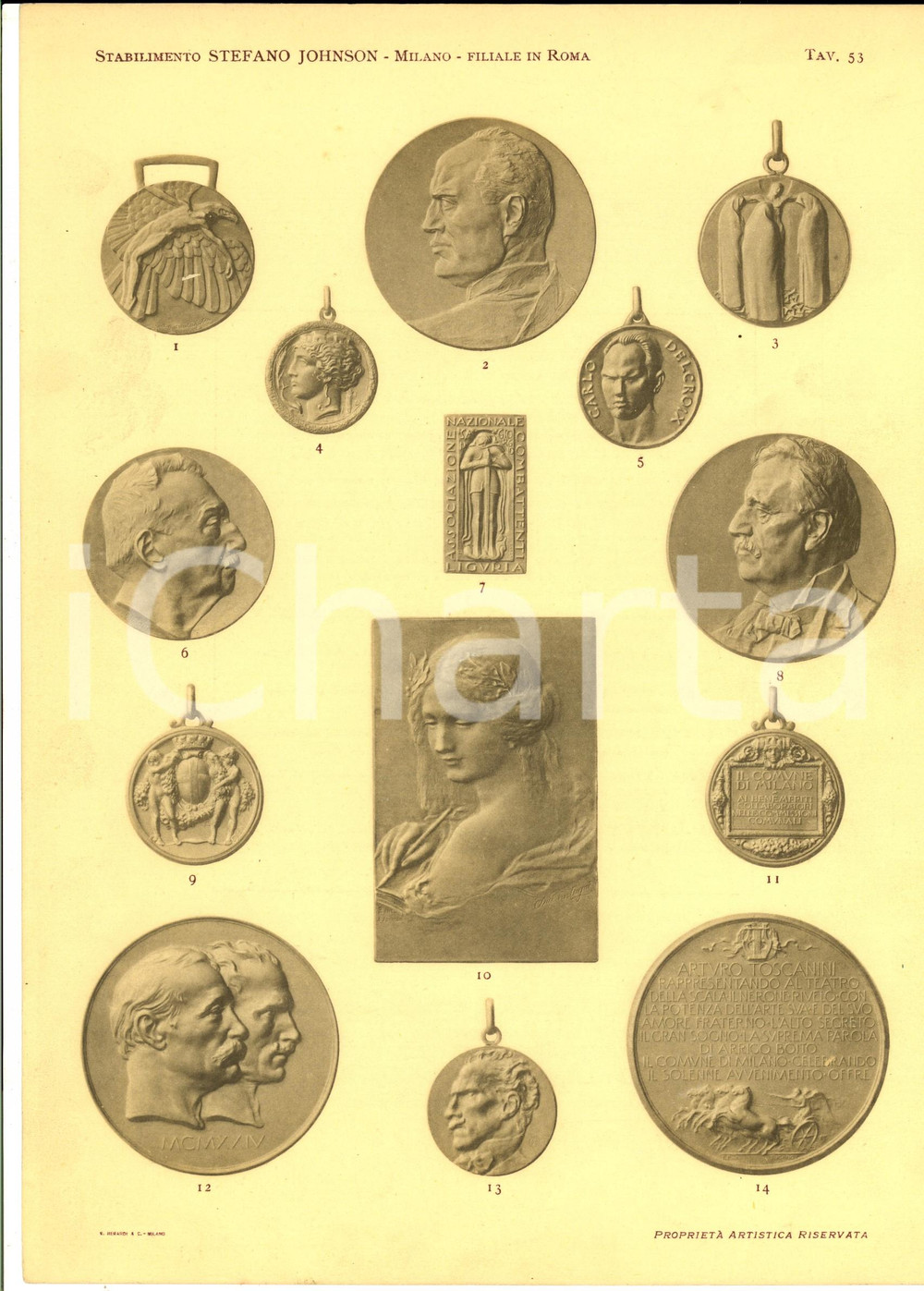 Stampa, bozzetto originale 1930 ca MILANO Ditta Stefano JOHNSON Medaglie militari Stampa 20x30 tav. 53 1