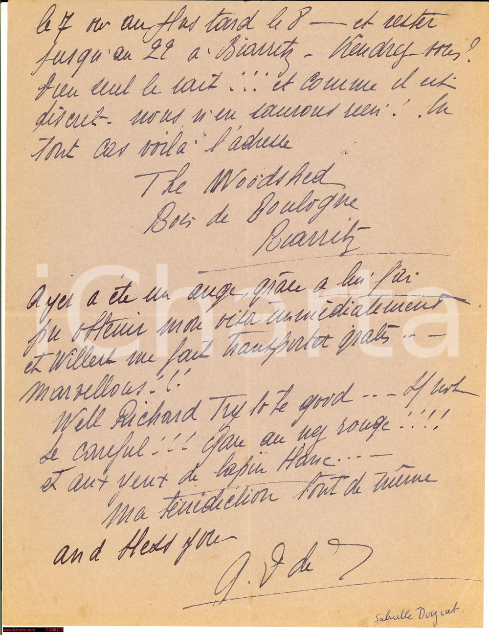 Autografo originale 1945 BIARRITZ F Lettre autographe Gabrielle DORZIAT 1