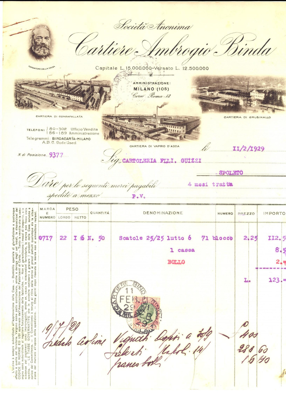 Documento originale, autentico 1929 MILANO SocietÃ  Anonima Cartiere Ambrogio BINDA Fattura per scatole lutto 1