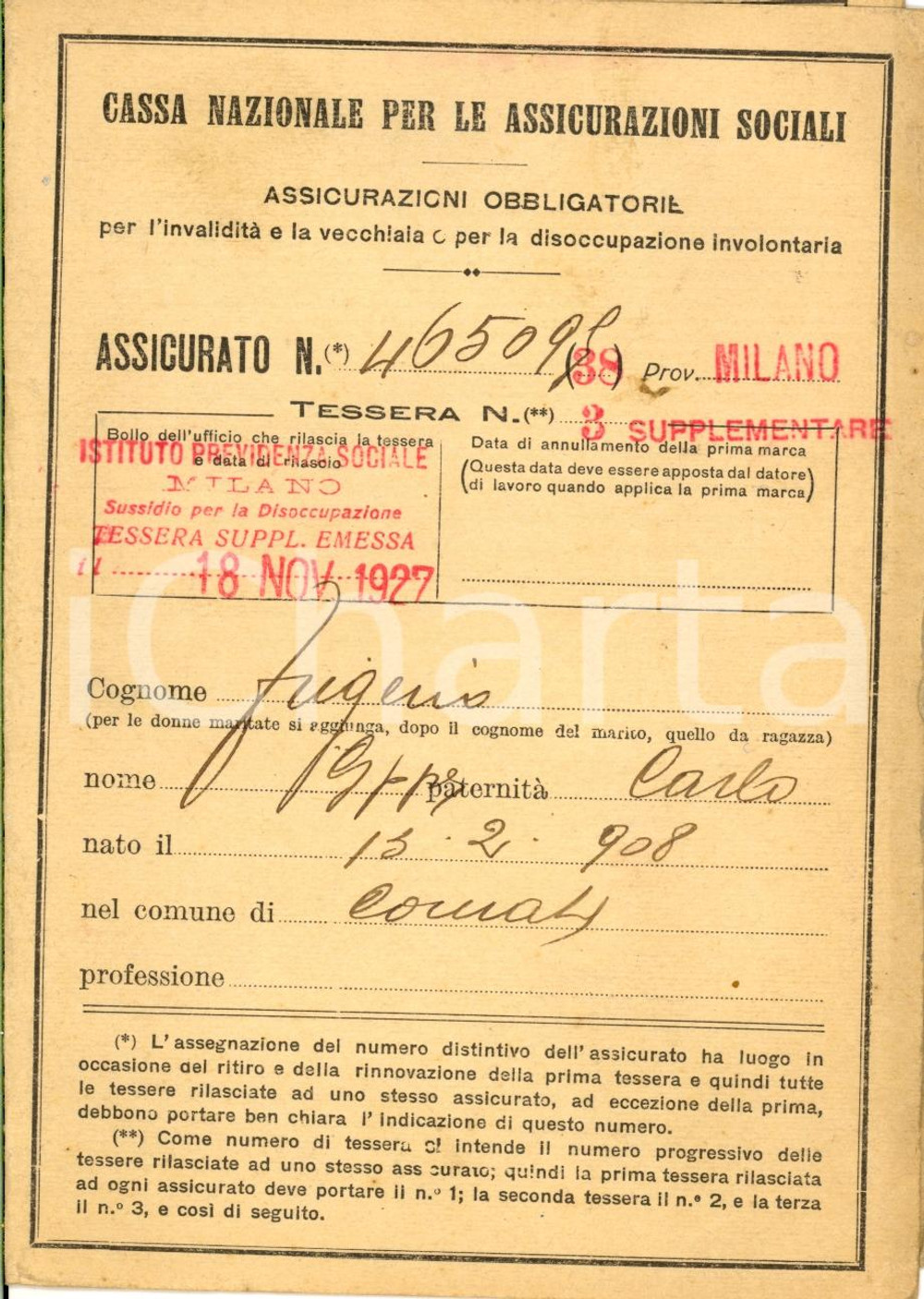 Oggetto da collezione cartaceo 1927 MILANO Assicurazione obbligatoria Carlo FRIGERIO 1