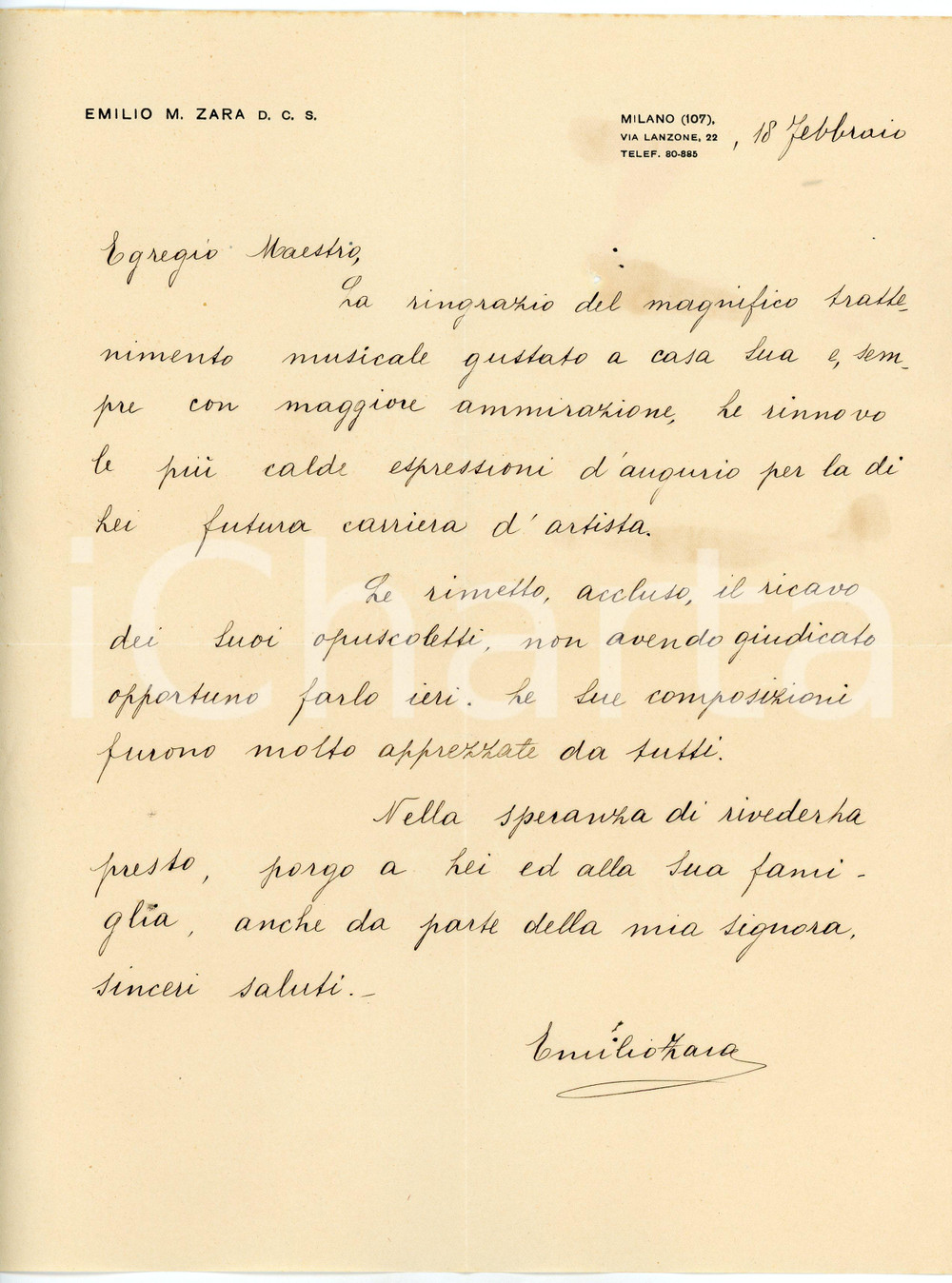 1930 ca MILANO Emiliio M. ZARA imprenditore - Lettera autografa Lettera interamente autografa, con messaggio di ringraziamento, su carta intestata. CONDIZIONI: P (piegature d'epoca e residui cartacei al verso, con minimi strappi)PAGINE: 1    originale e autentica 1