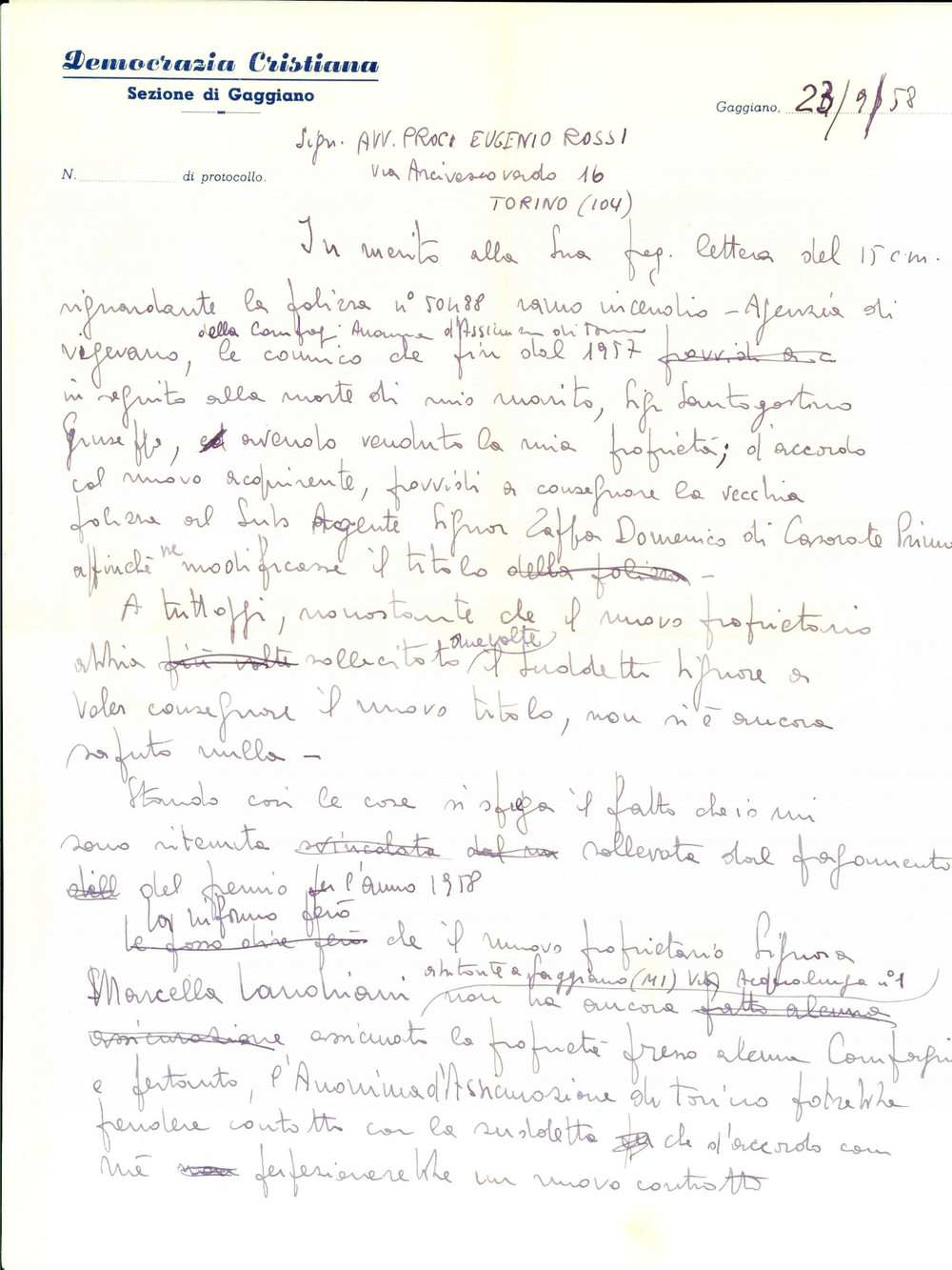 Manoscritto, lettera originale 1958 GAGGIANO MI DEMOCRAZIA CRISTIANA  Morte Giuseppe SANTAGOSTINO 1