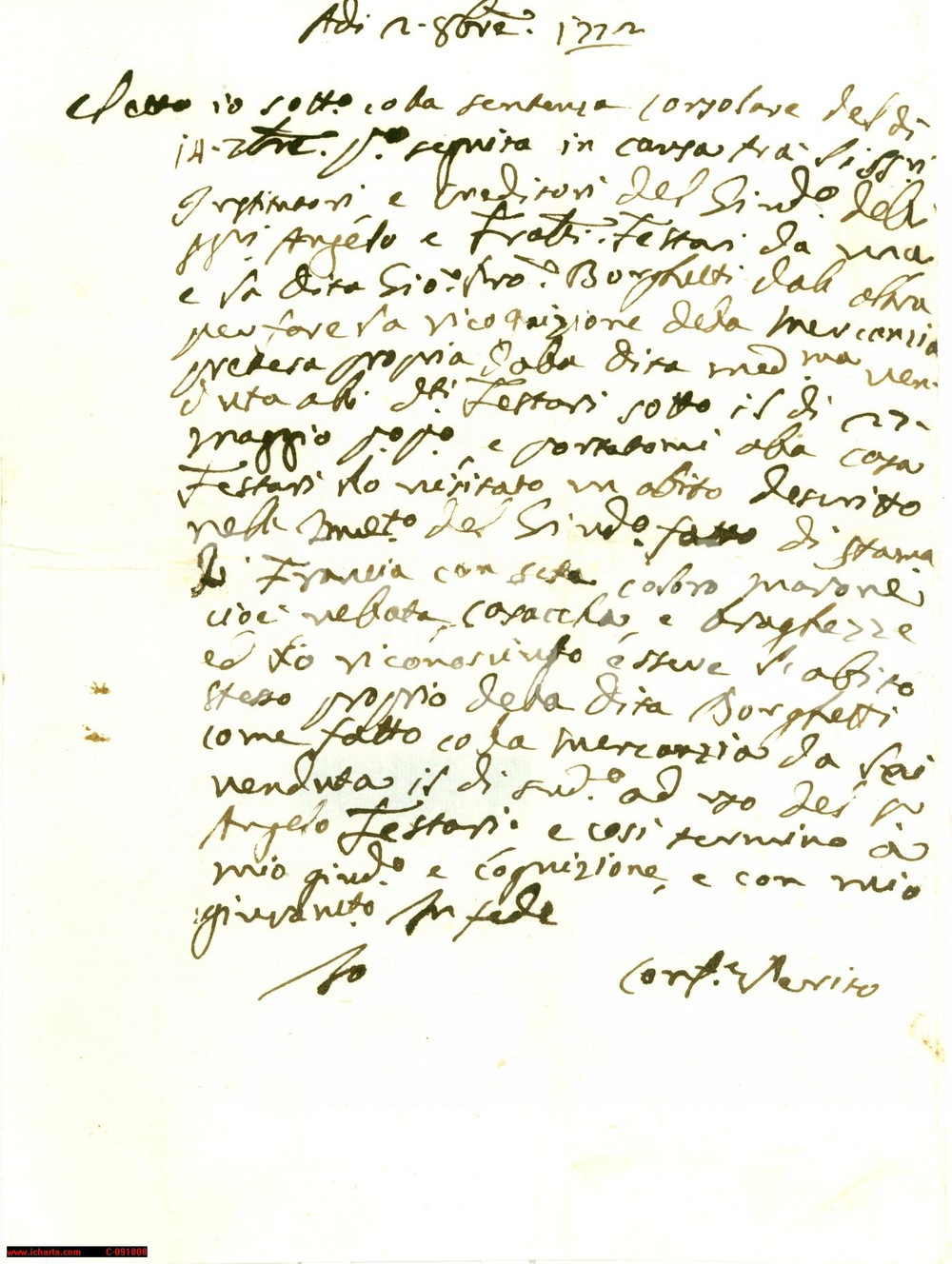 Documento originale, autentico 1772 BRESCIA L abito di seta di FRANCIA é della tessitura BORGHETTI Lettera 1