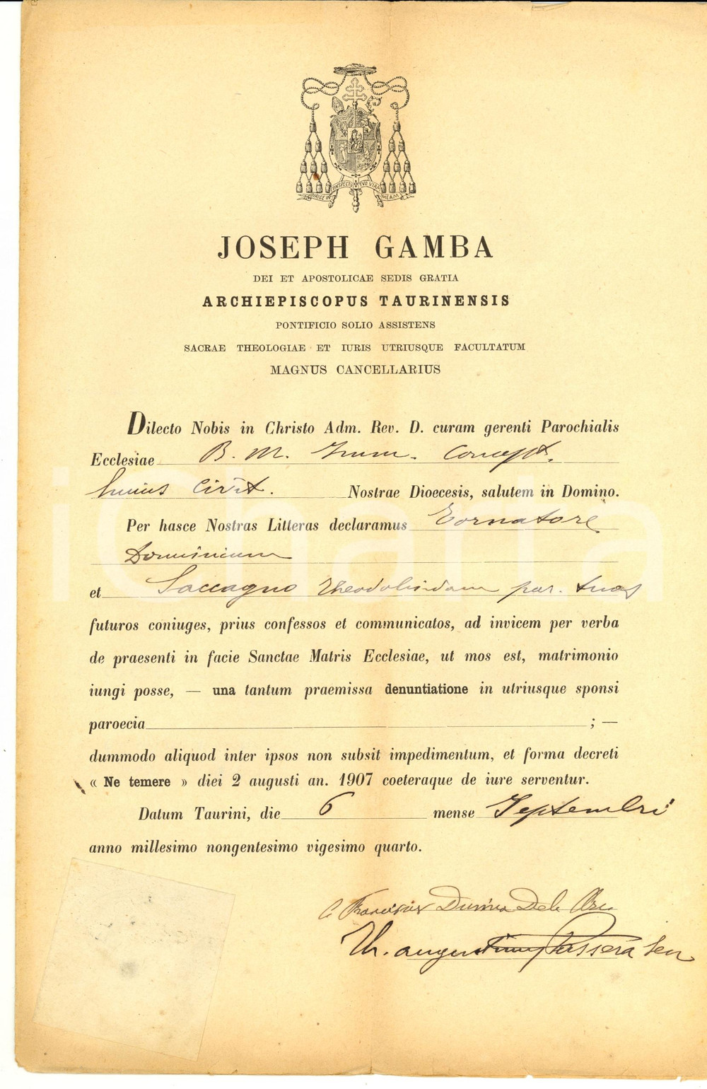 Documento originale, autentico 1924 TORINO Matrimonio TORNATORE - SACCAGNO Mons. Giuseppe GAMBA 1