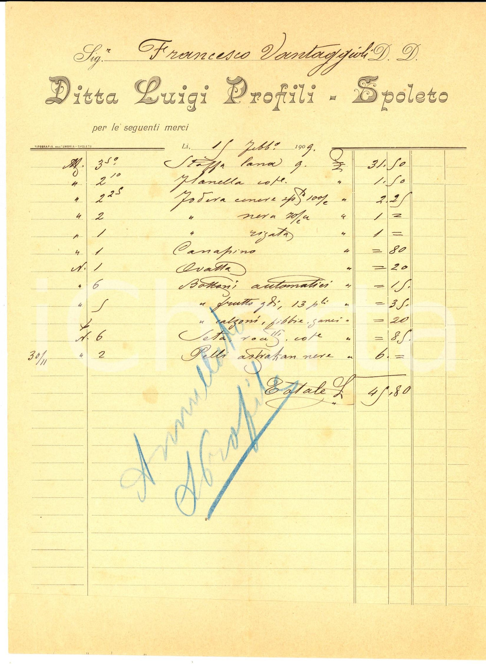 Documento originale, autentico 1909 SPOLETO PG Ditta Luigi PROFILI Fattura intestata per stoffa e canapino 1