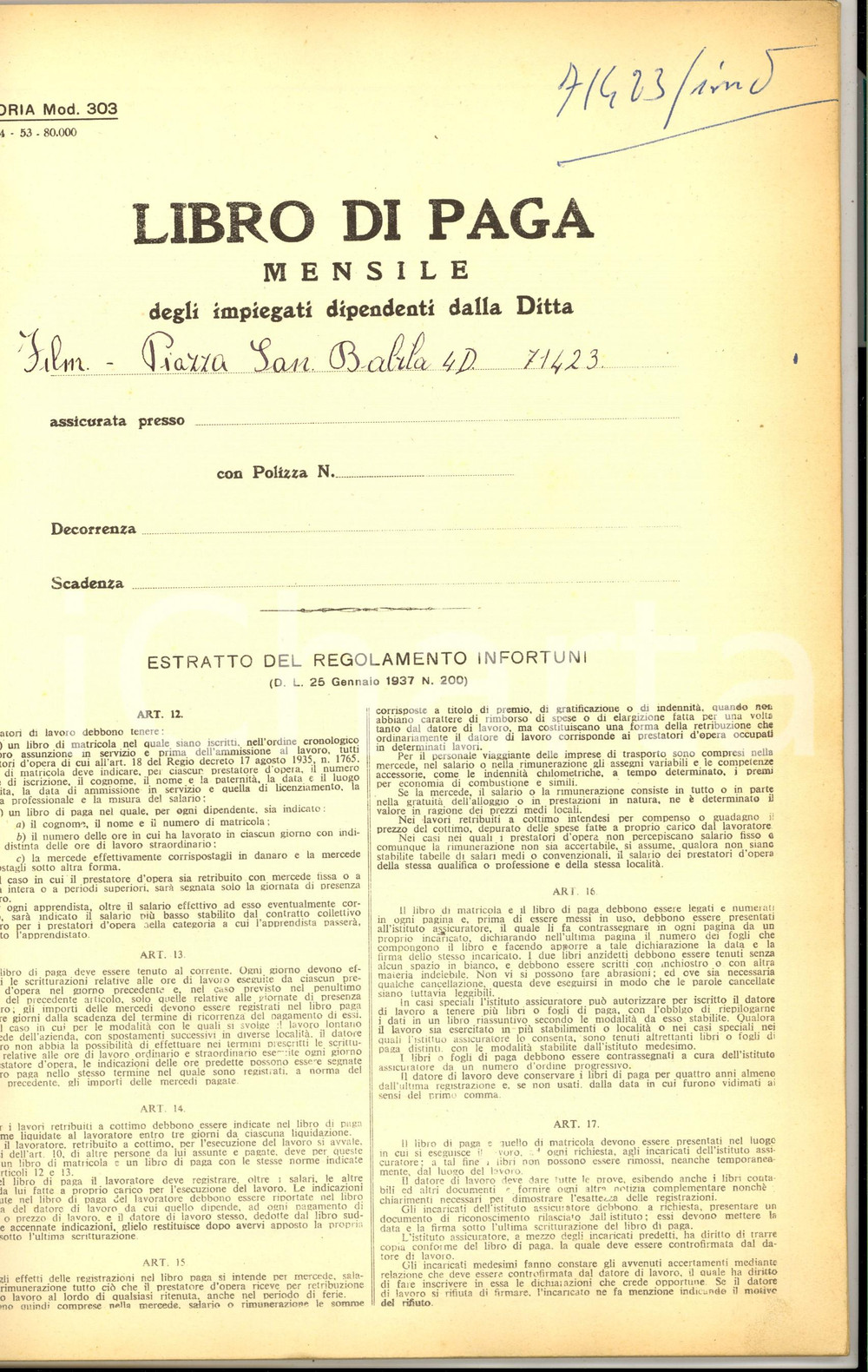 Documento originale, autentico 1958 MILANO Piazza SAN BABILA Libro paga AMORE FILM casa cinematografica 1